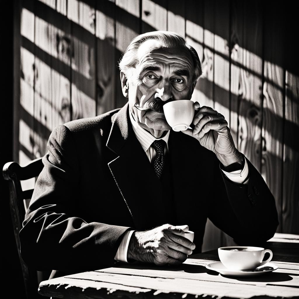 Monochrome Portrait of Montenegrin Governor Drinking Coffee