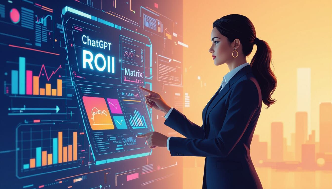 Woman Analyzing AI ROI in Futuristic Style