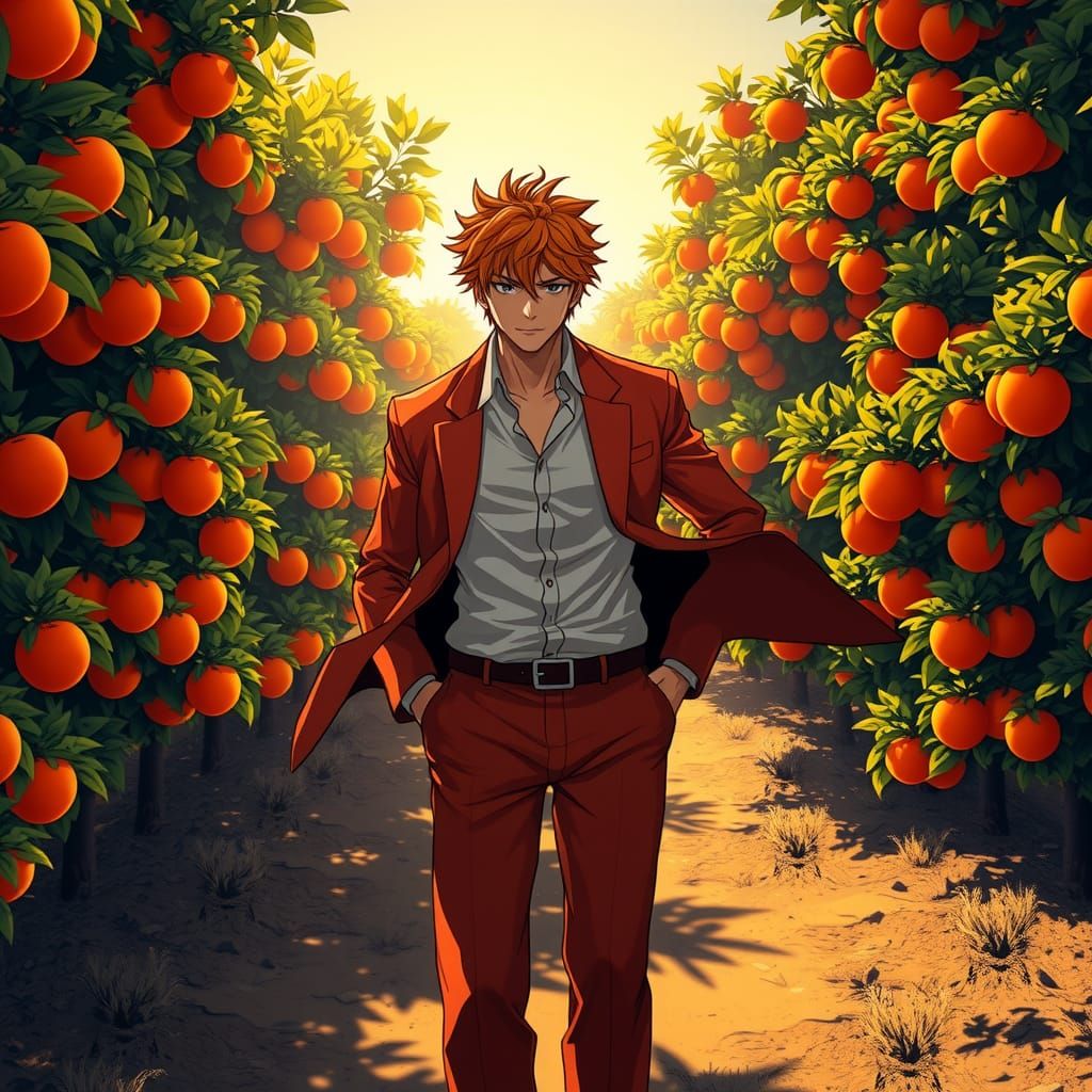 Orange Haired Man in Grove, Anime Cel-Shaded Style