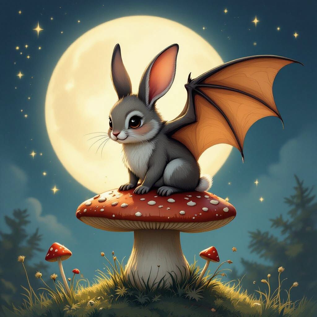 Whimsical Bat-Bunny Creature on Moonlit Toadstool