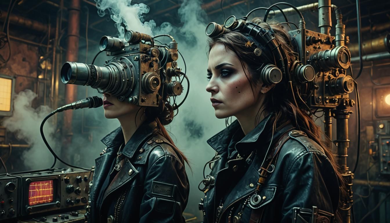 Steampunk Goth Model in Foggy Lab with Oscilloscope