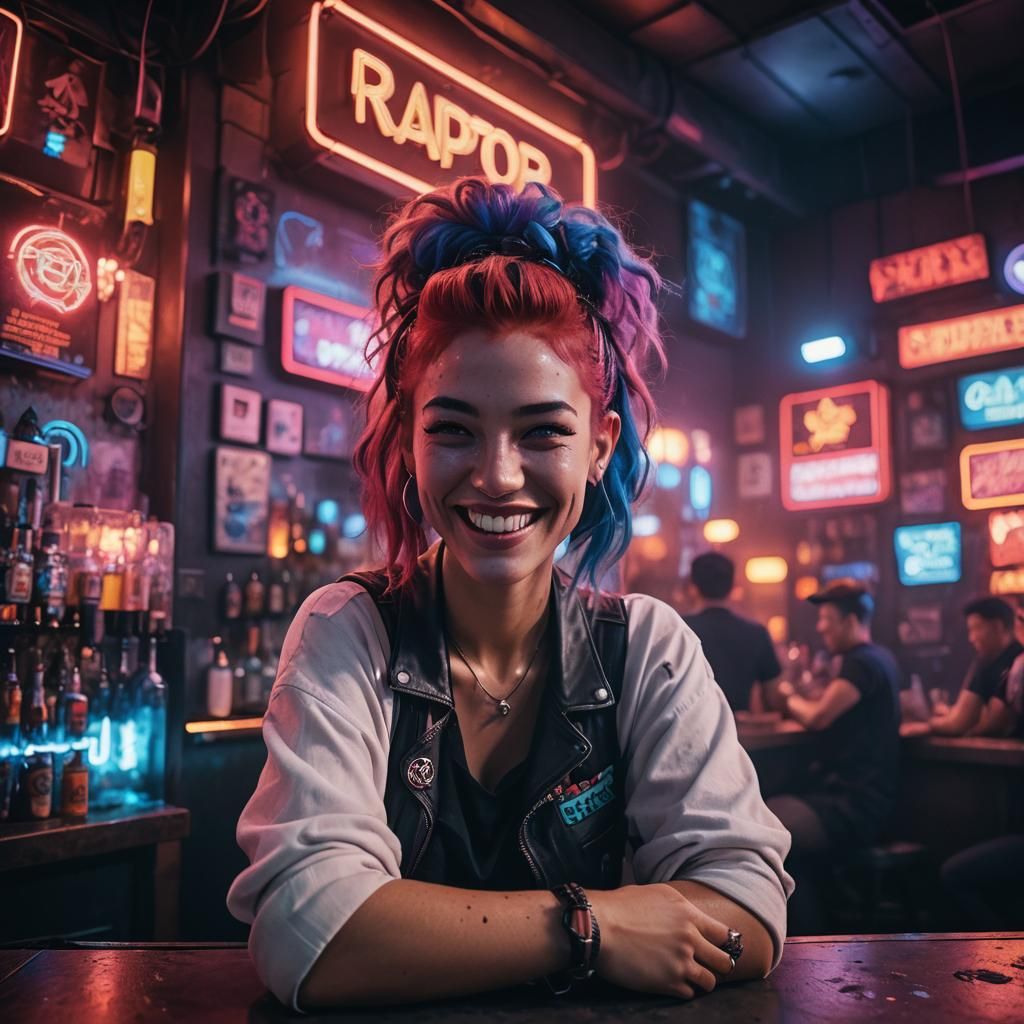 Neon Lit Cyberpunk Portrait of Smiling Woman