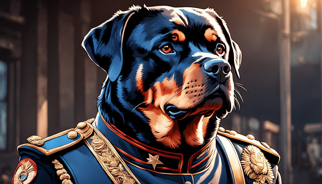 Rottweiler in Epic Military Uniform Portrait, Comic Book Art...