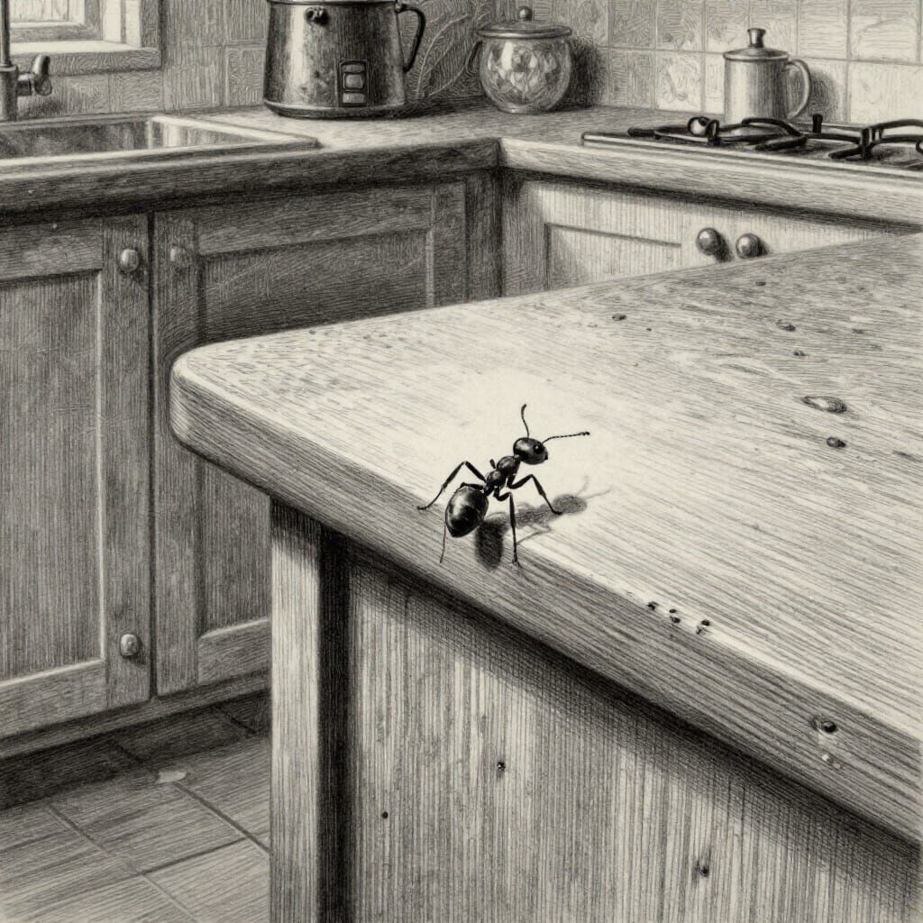 Ant's Epic Journey on Kitchen Table in Pencil Drawing Style