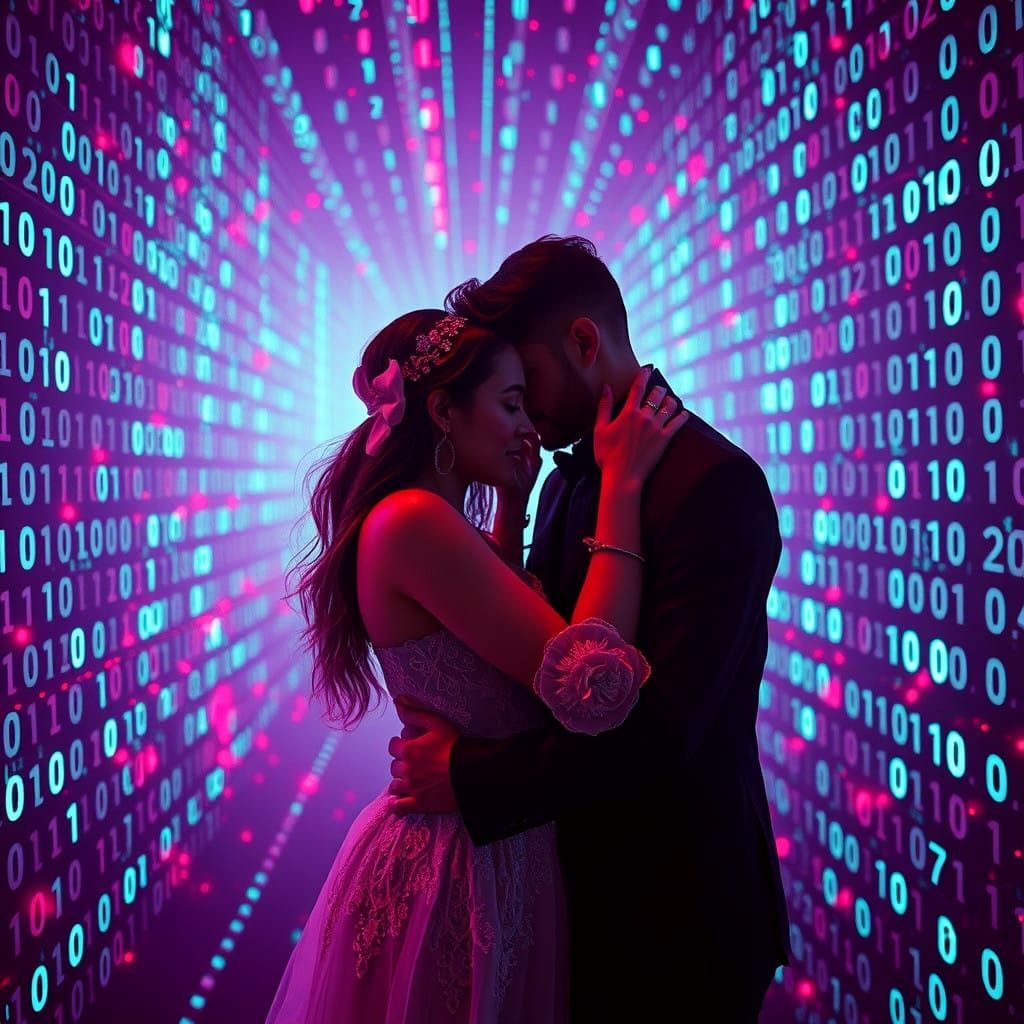 Cyberpunk Lovers in a Vignette-Lit Binary Matrix