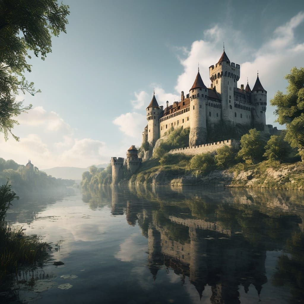Medieval Castle on the Danube River in Warm Golden Light