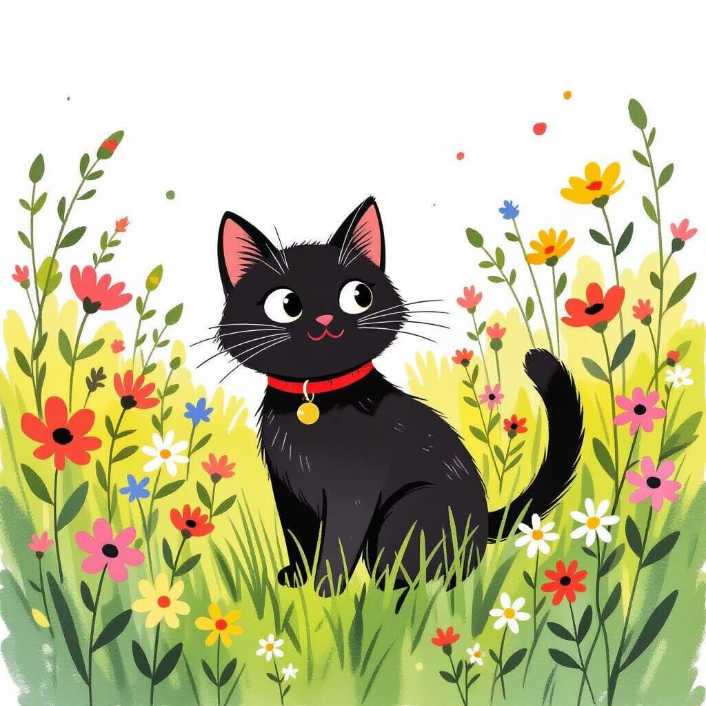 Whimsical Black Cat Watercolor Illustration