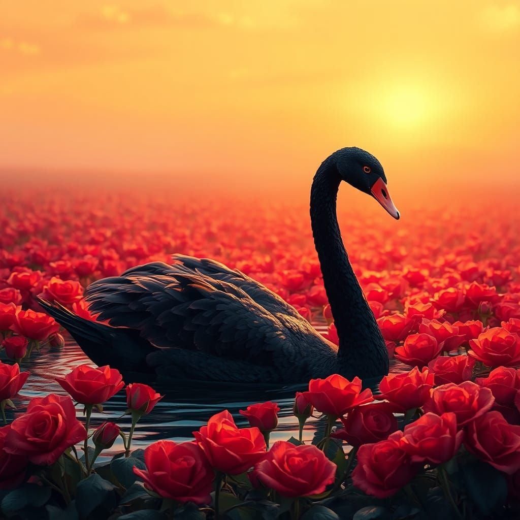 Black Swan in Sea of Roses, Impressionist Style
