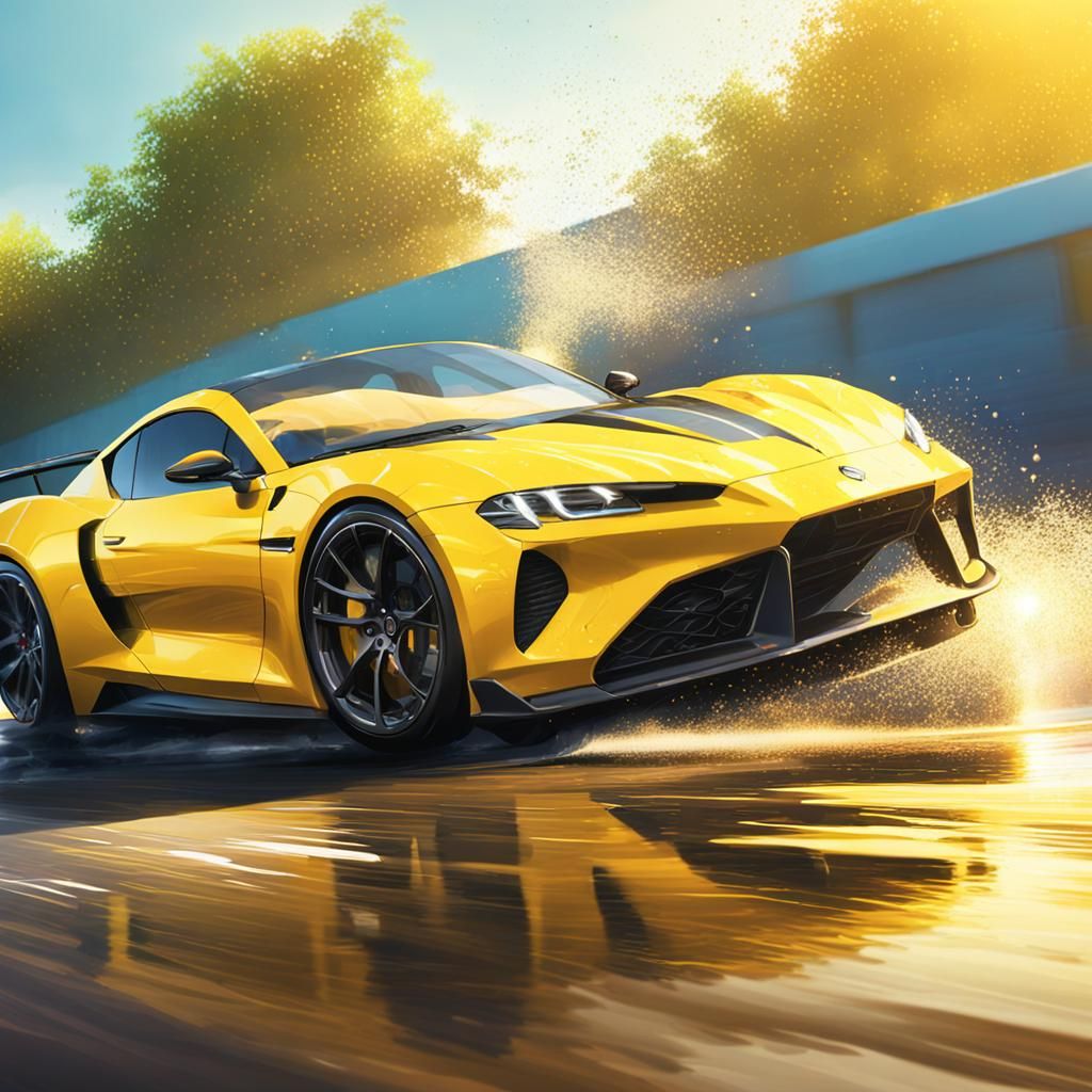 Hyperrealistic Yellow Sports Car in Splash Art Style