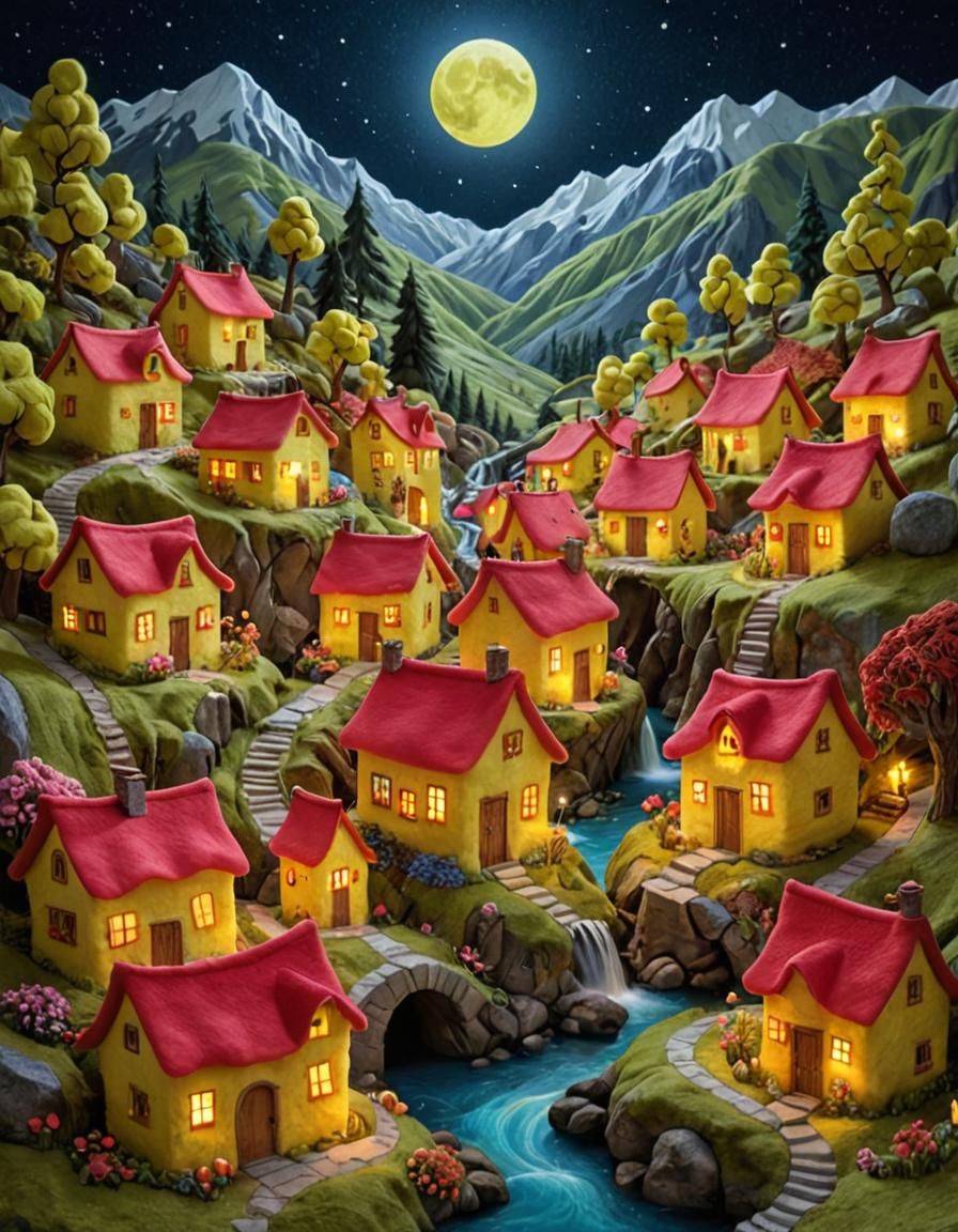 Whimsical Dreamlike Village Under Neon Moonlight