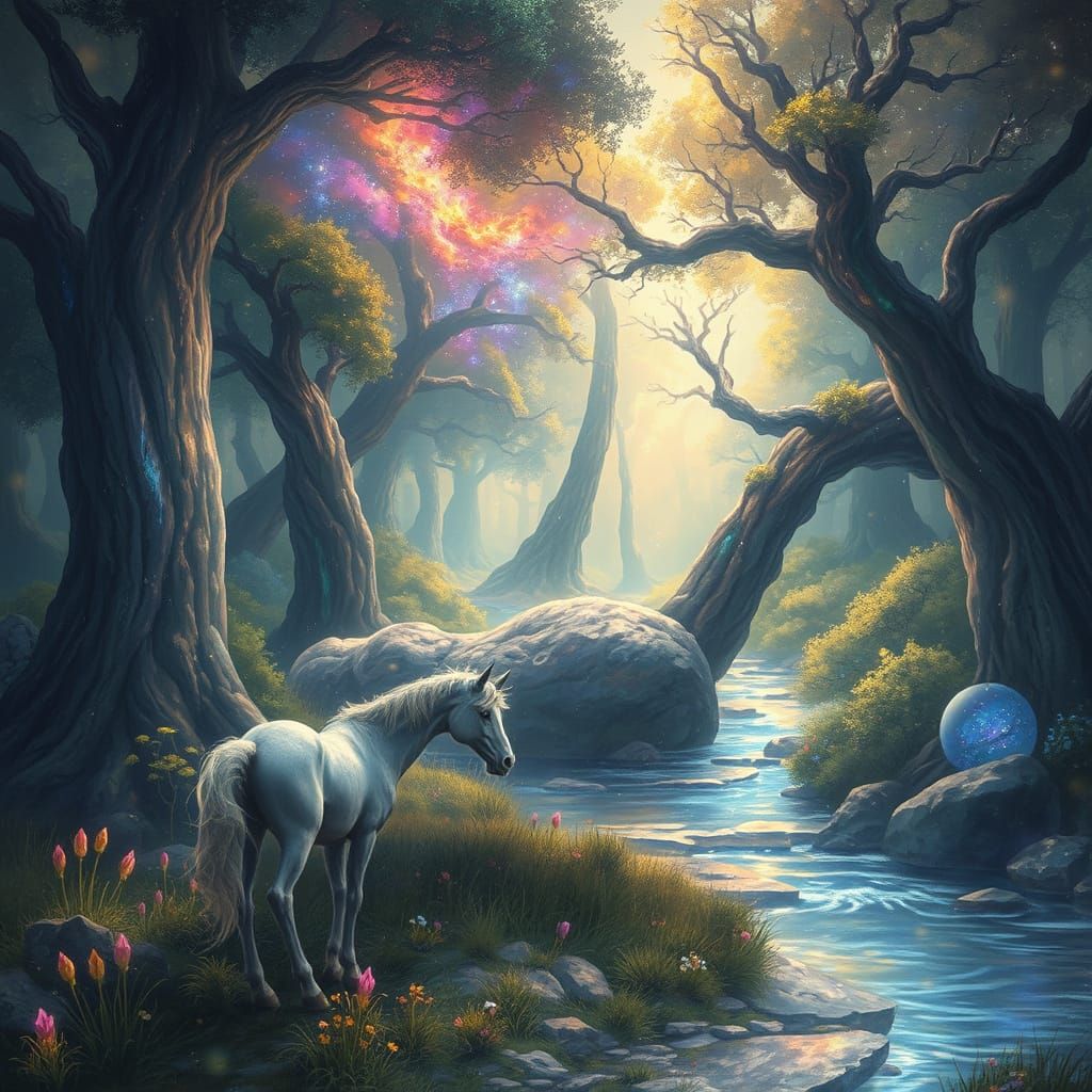 Enchanted Crystal Forest with Unicorn in Digital Painting St...