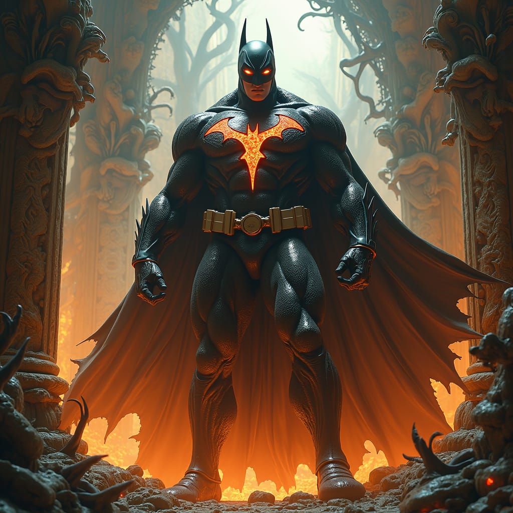 Venom Batman in Black and Orange Symbiote Suit