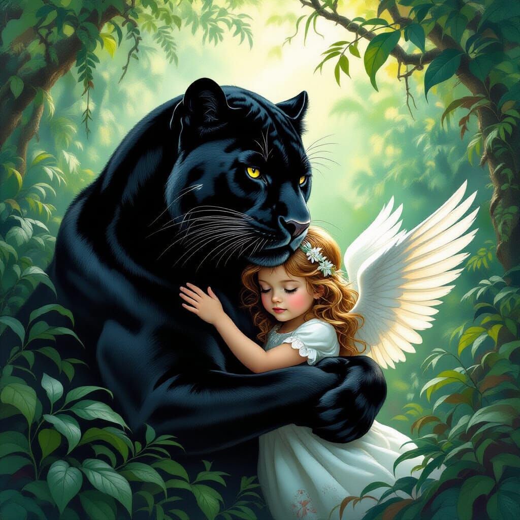 Angelic Girl Hugs Majestic Black Panther in Magical Jungle