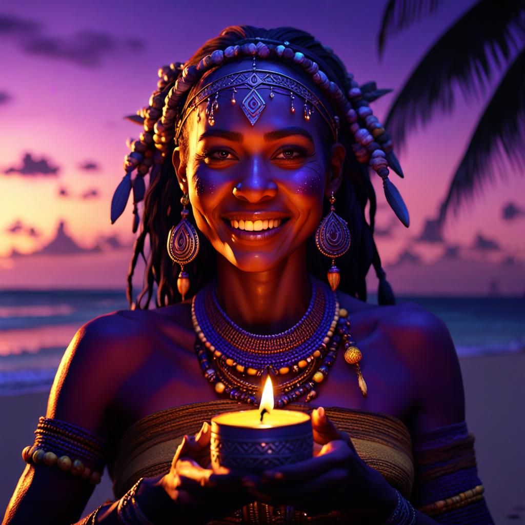 Tribal Woman with Candle on Tropical Beach