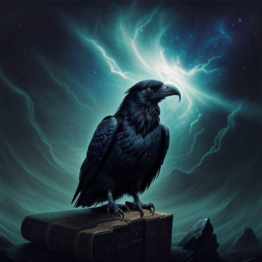 Raven perches atop ancient books in a dark storm #5