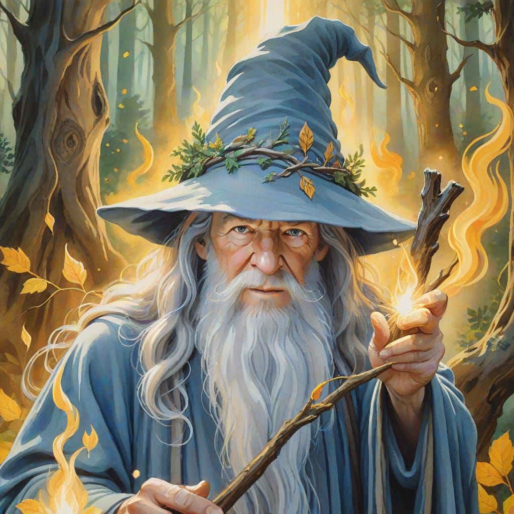 Gandalf Casting Spell in Mystical Forest