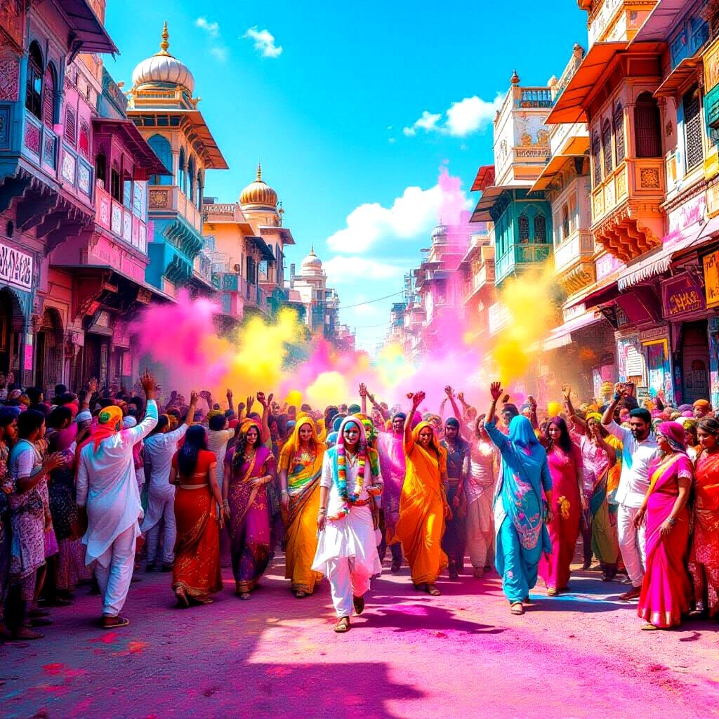 Vibrant Holi Procession in India with Intense Colors