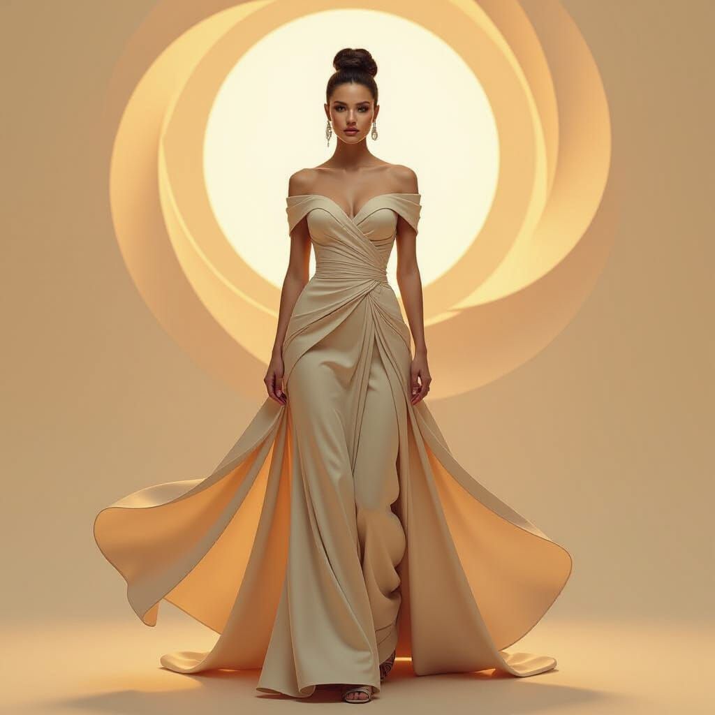 Elegant Attire in Beige Tones with Abstract Lighting