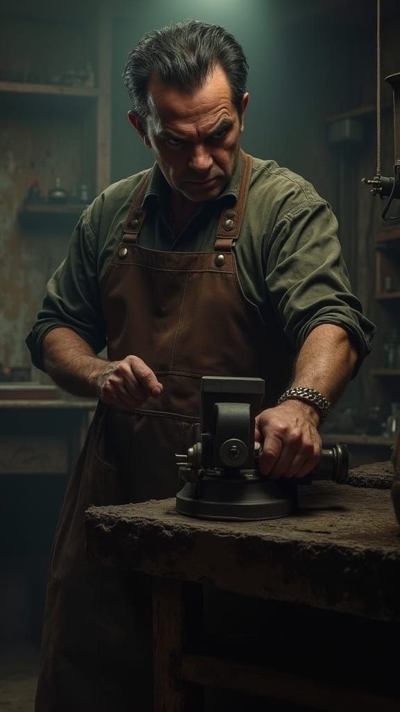 Menacing Gangster in Gritty Workshop, Inspired by Bacon