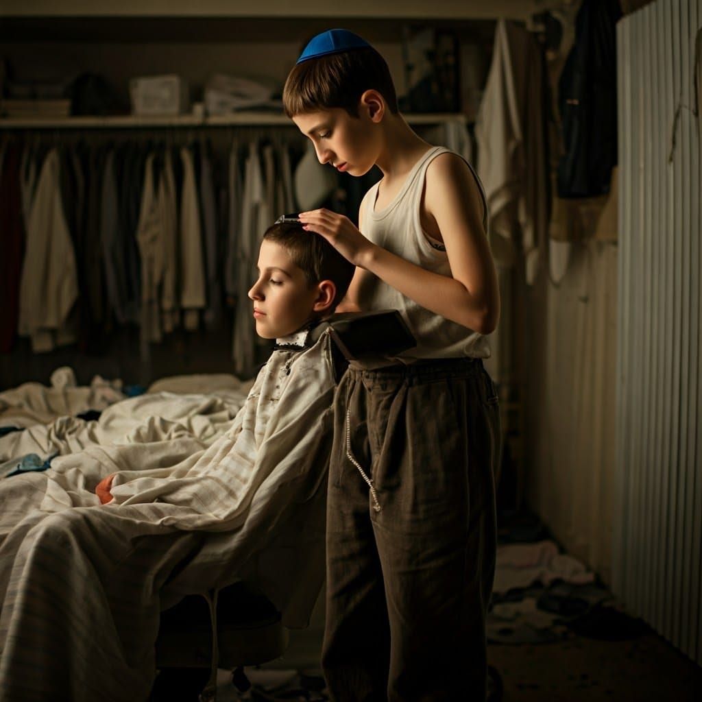 Young Hasidic Boy Gently Shaves Friend's Scalp in Cozy Laund...
