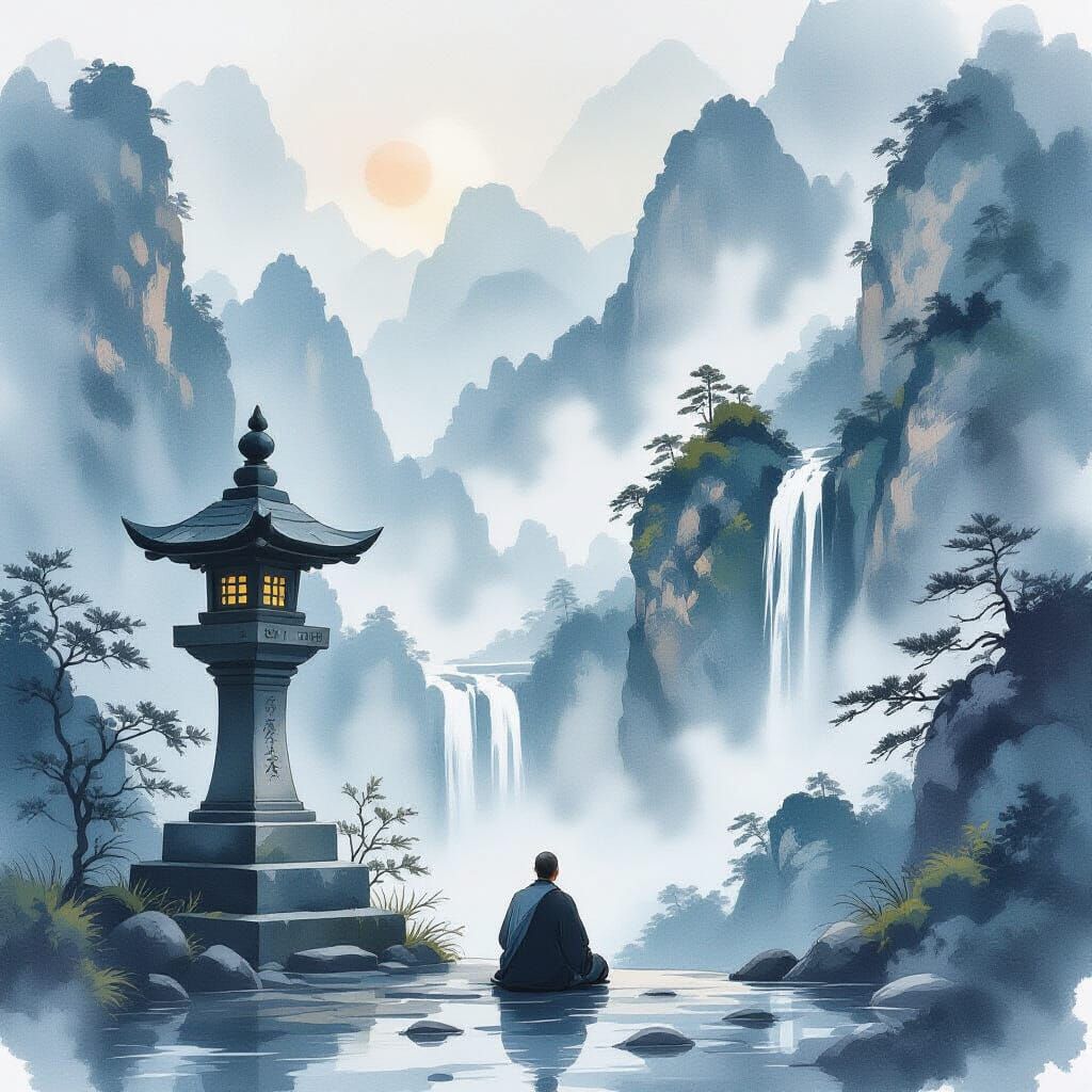 Monk Contemplating Shrine in Misty Mountains