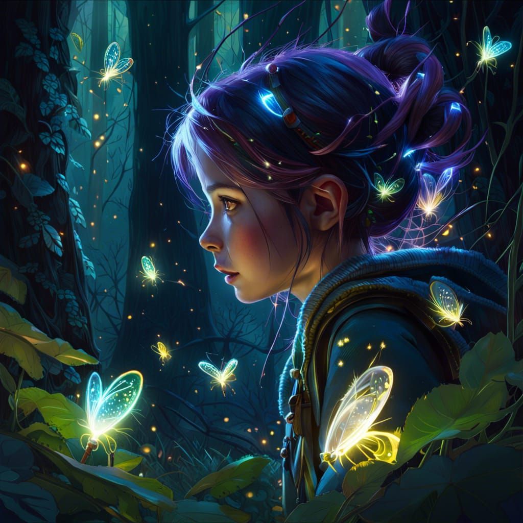 Fireflies in Forest: Detailed 3D Digital Art