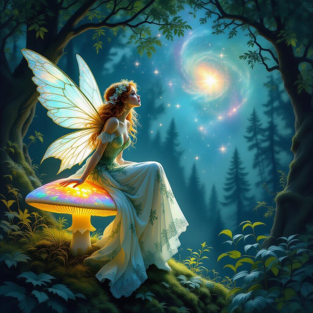 Lace-Winged Fairy on Bioluminescent Mushroom