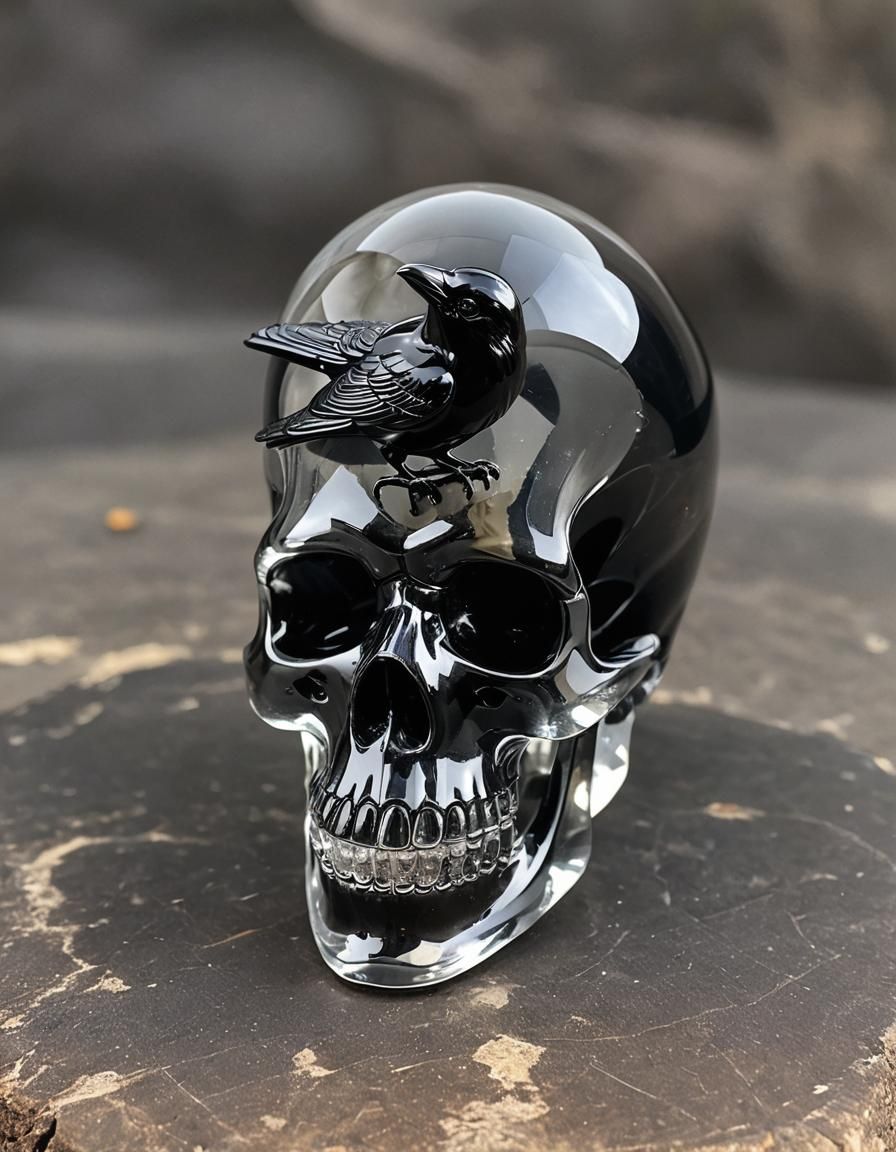 Onyx Crow on Crystal Skull in Sunlight