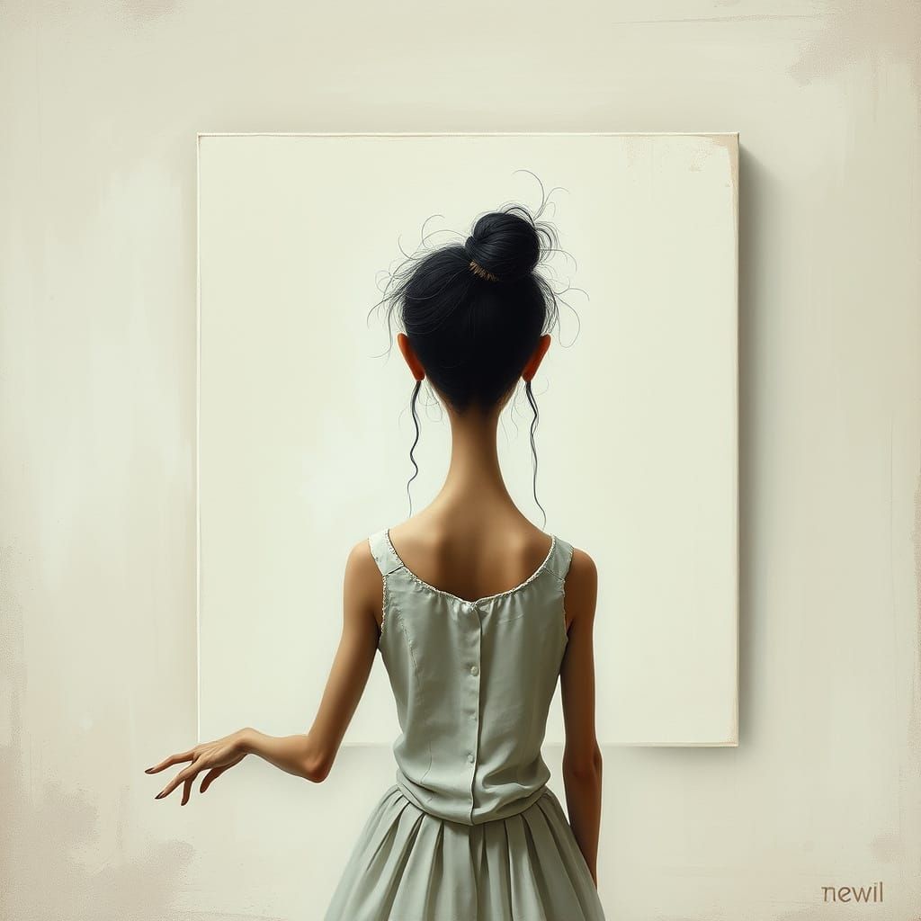 Surreal Painter Faces Blank Canvas with Exaggerated Forms