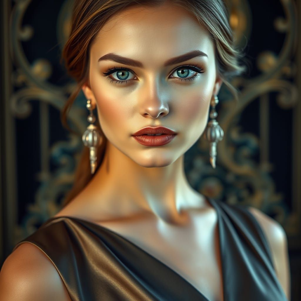Elegant Young Woman Exudes Confidence in Art Nouveau-Inspire...