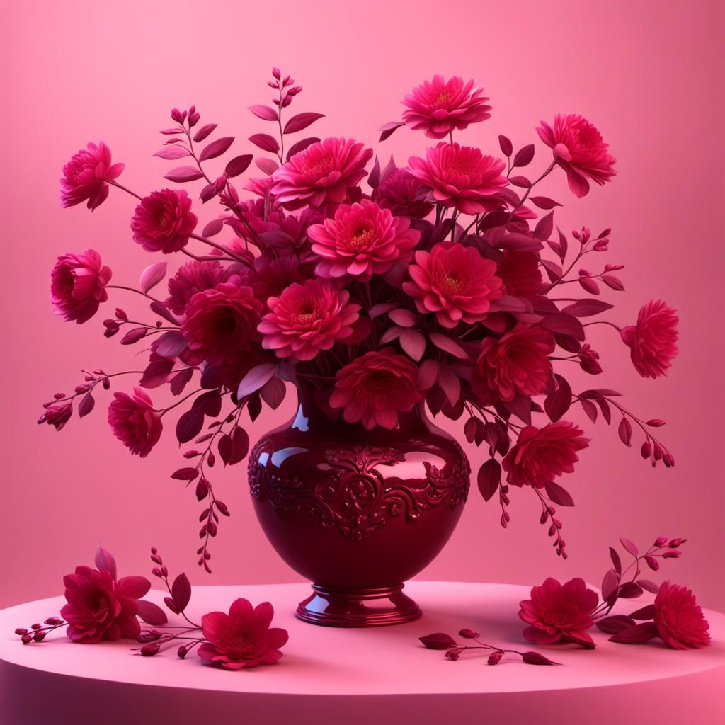 red vase, light red, pink, fuchsia colored flowers, deep red...