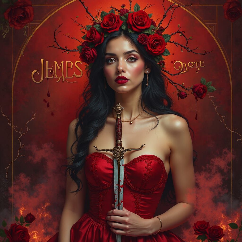 Crimson Woman with Roses, Dagger and Flames