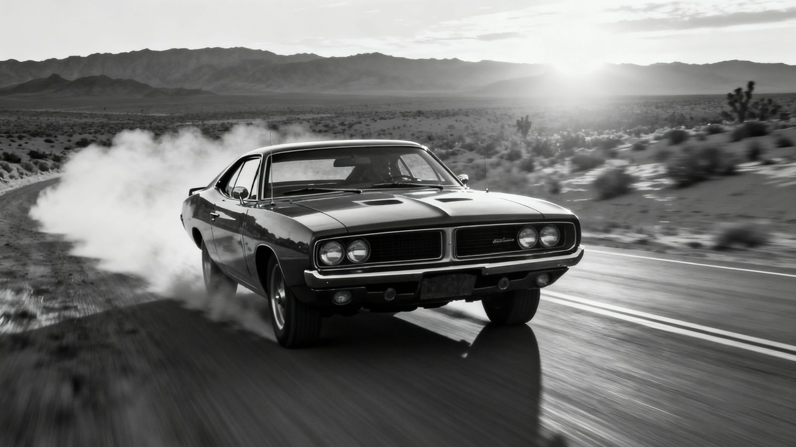1969 Dodge Charger Speeds Across Desert Road at Sunset