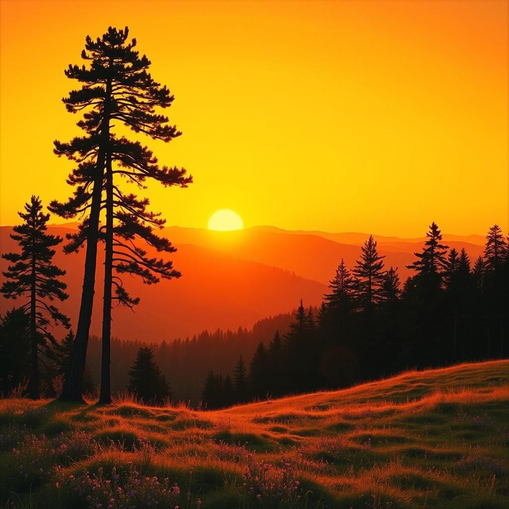 Sunset Landscape with Pine Scent, Romantic Style