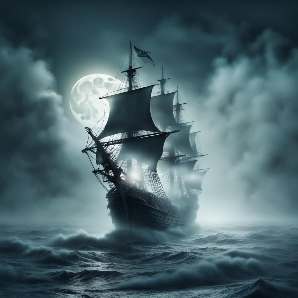 Ethereal Ghost Pirate Ship on a Misty Sea