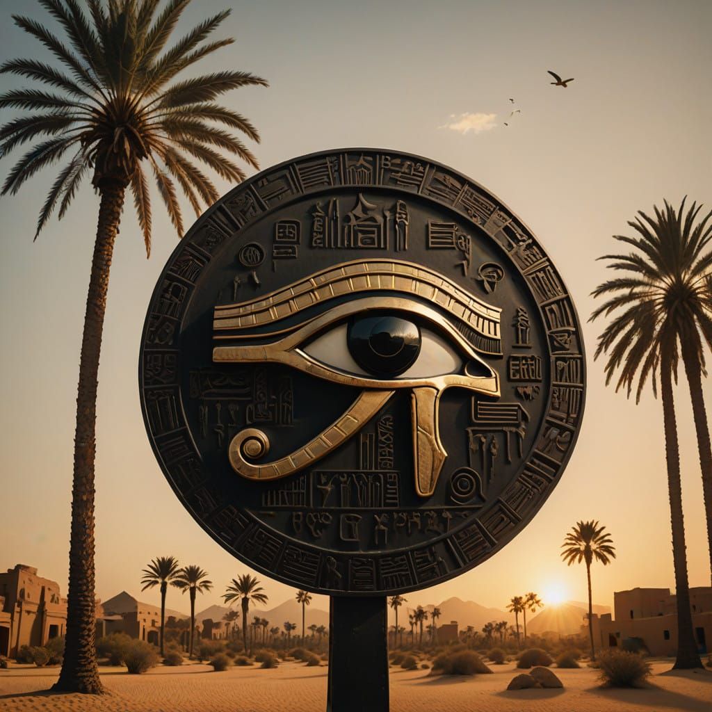 Egyptian Sunset Landscape with Black Eye of Horus and Palm T...