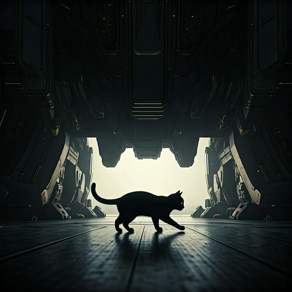 Futuristic Black Cat Under Ladder in Dark Room