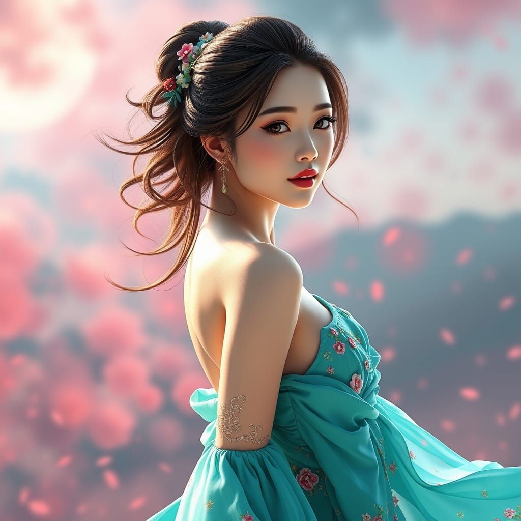 Asian Woman in Turquoise Gown, 3D Anime Art