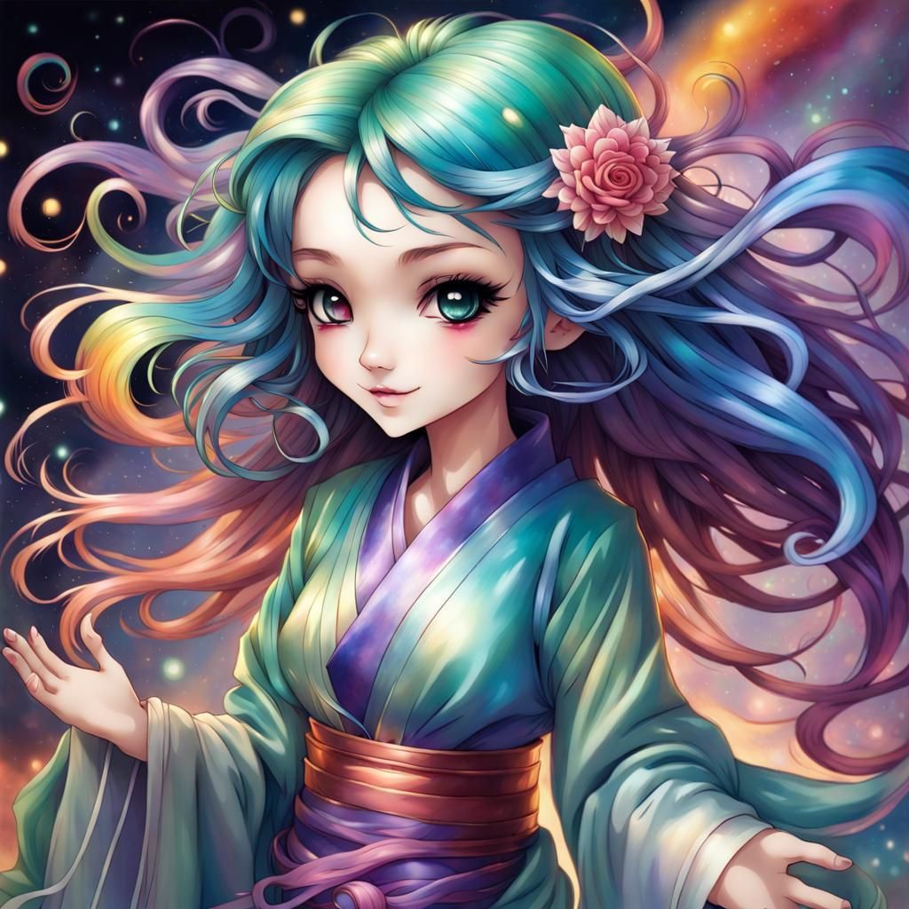Anime Girl with Rainbow Hair in Fantasy Art Style