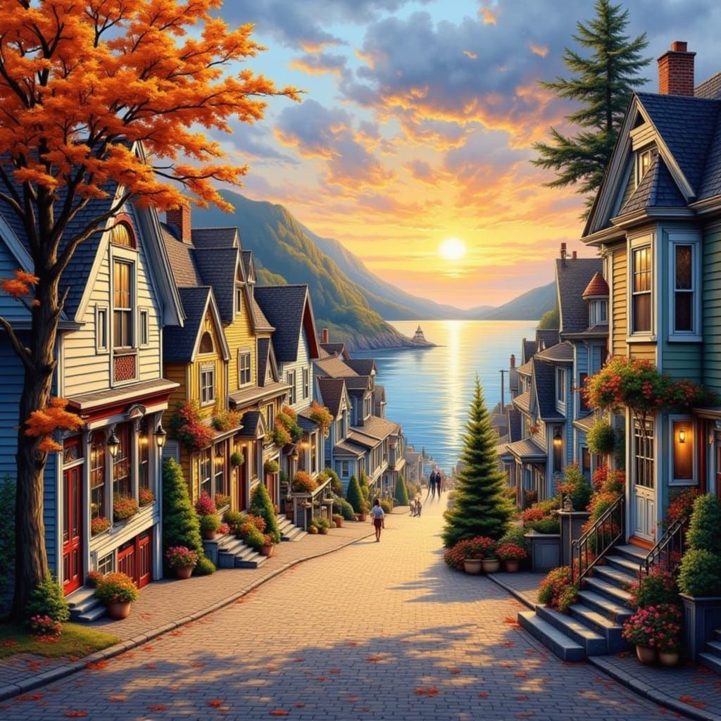 Charming Coastal Town Street at Golden Hour