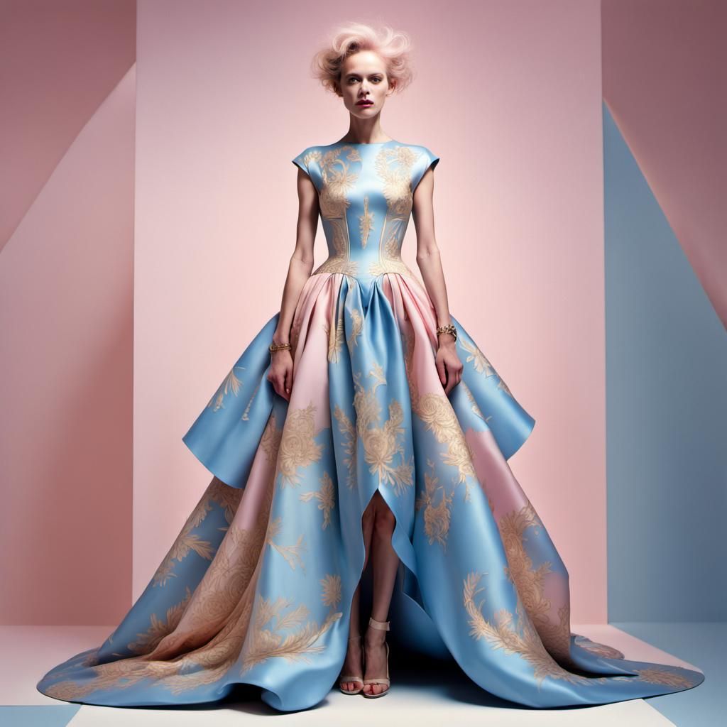 Golden Woman in Opulent Pastel Gown