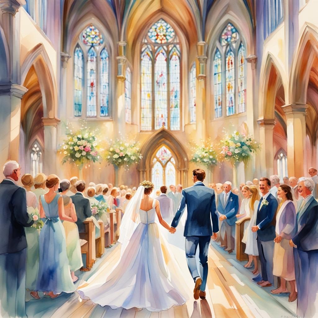 Bride Walks Aisle in Vibrant Watercolor Painting