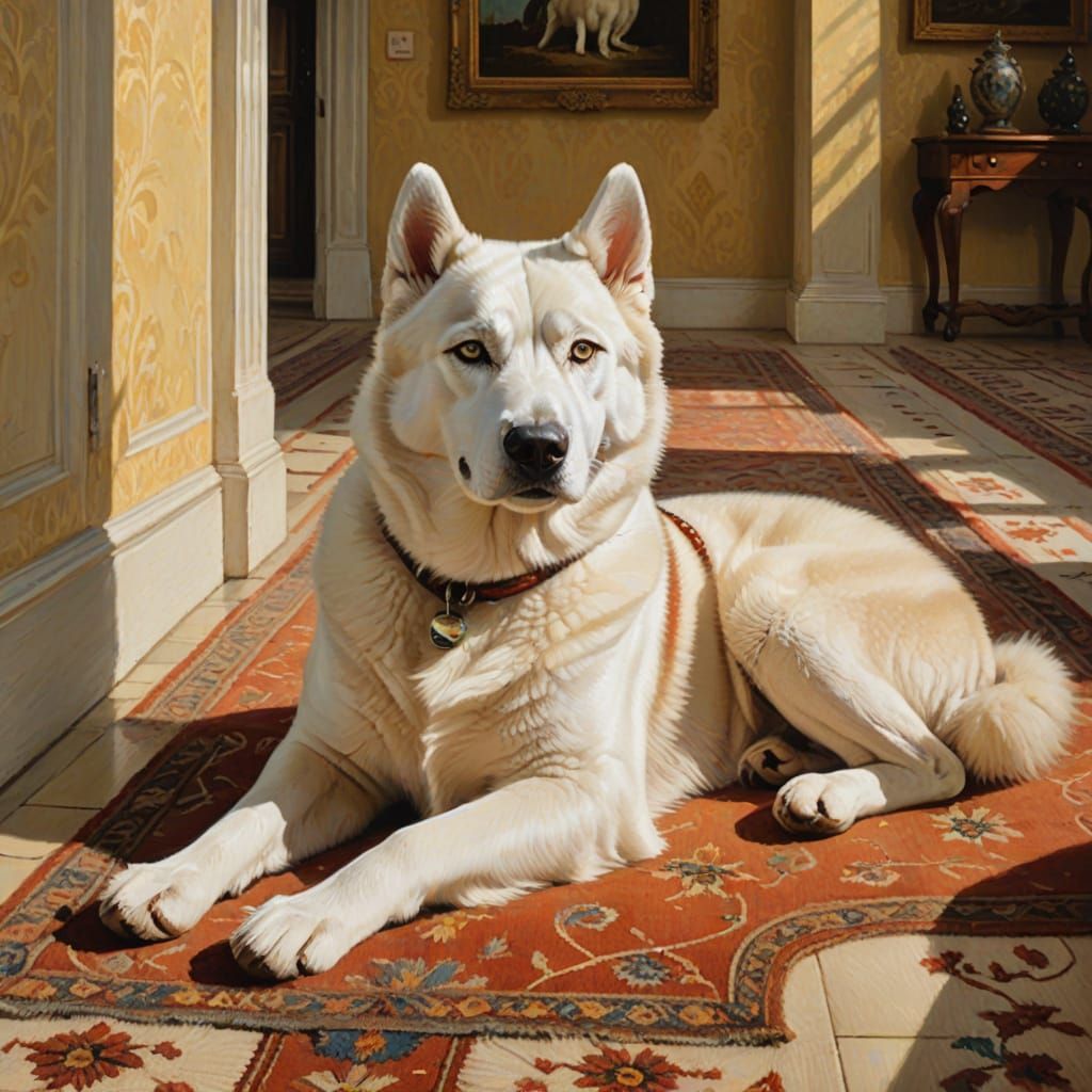 A loyal white Siberian Husky, lying in the sun in a front entrance hall, waiting. Oil on canvas, Canaletto.