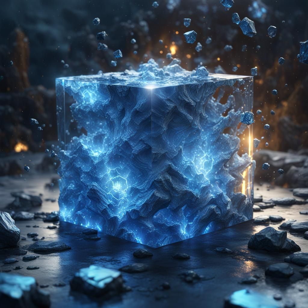 Blue Lightning in Crystal Cube: Detailed Fantasy Art