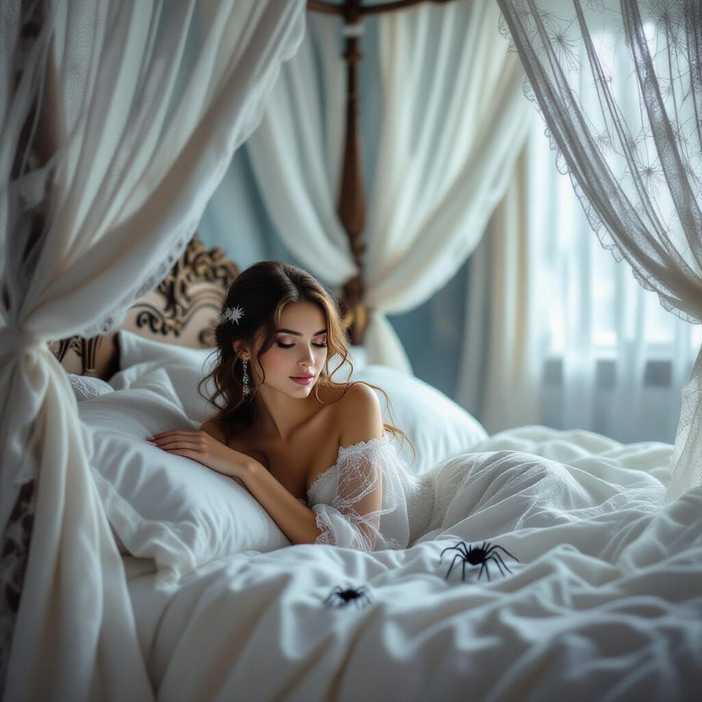 Ethereal Woman in Spiderweb Bed