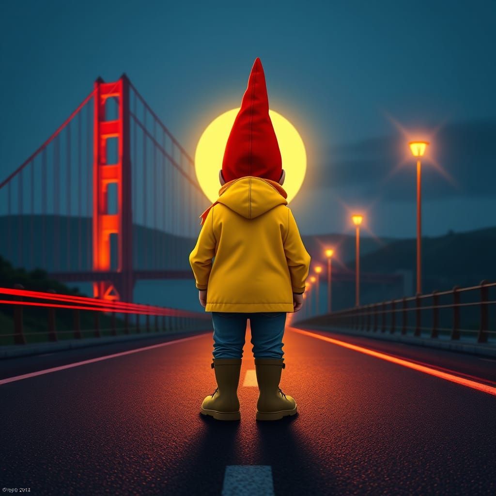 Glowing Gnome Silhouette Against Golden Gate Bridge at Twili...