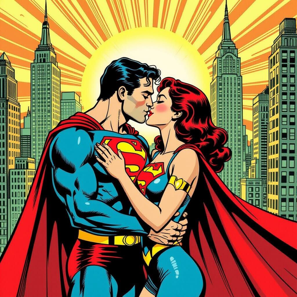 Lana Lang & Hercules Superman Kissing in Retro Comic Metropo...