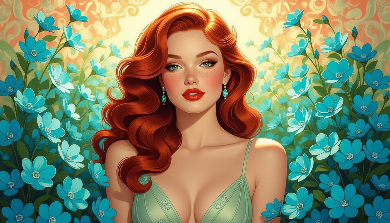 Vintage Portrait of Woman with Turquoise Flowers