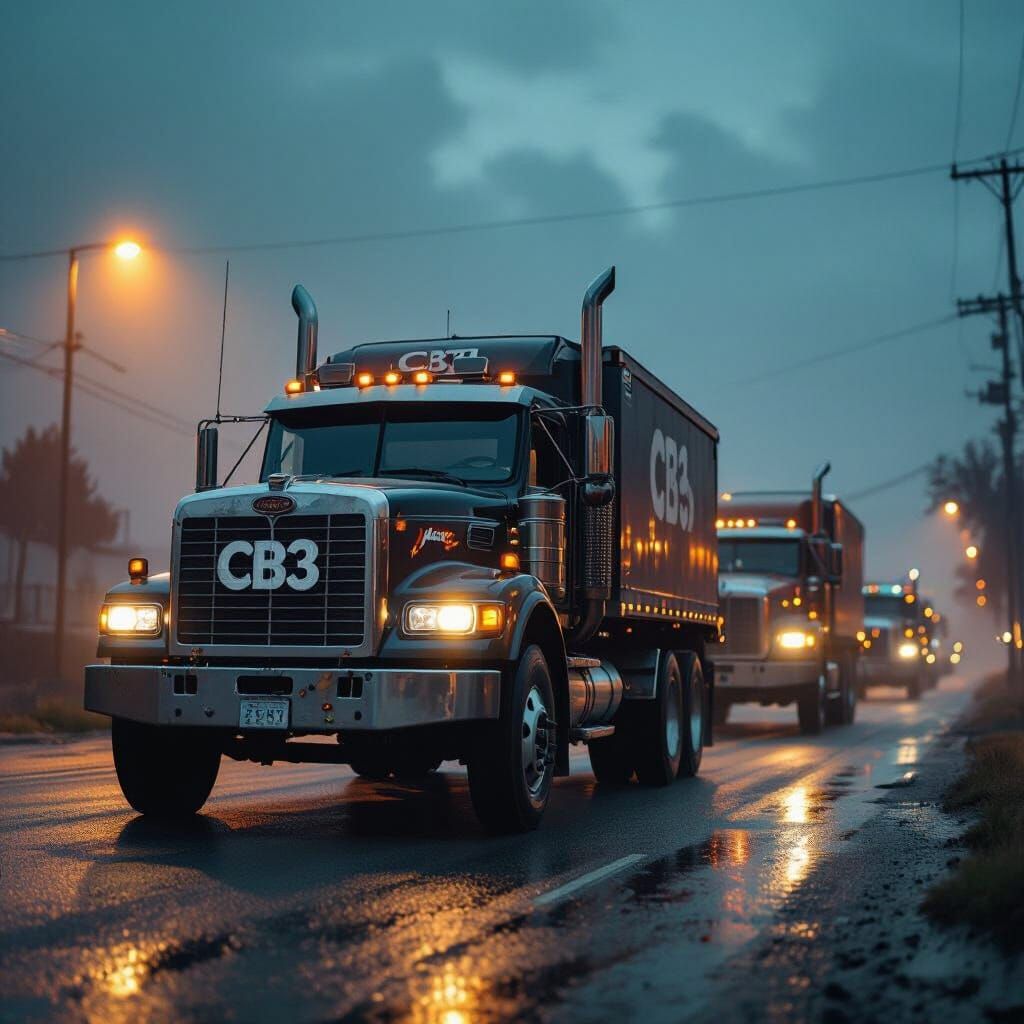 Trucks with CB3 Logo in Cinematic Lighting
