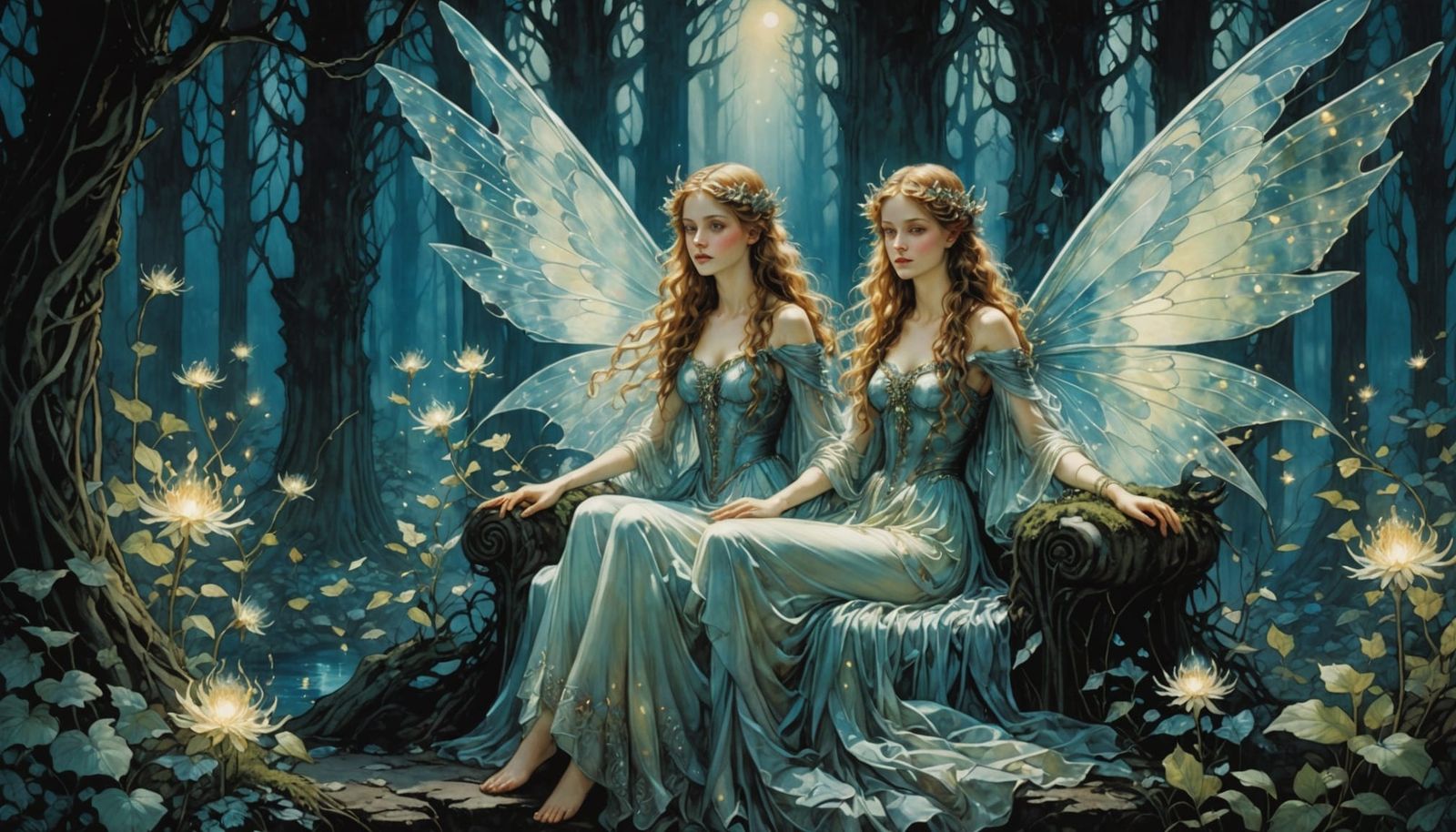 Fairy Queen on Moonstone Throne in Bioluminescent Forest